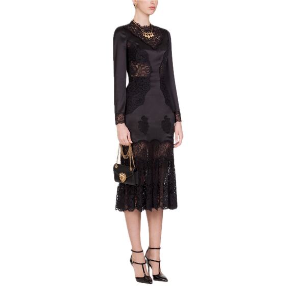 NWT Dolce & Gabbana Chantilly Lace Silk Satin Midi Dress Black IT 40 US S - Picture 1 of 13